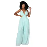 Women Halter Sleeveless Backless Cut Out Waist Wide Leg Jumpsuit
