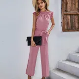 Women Smocked High-Neck Sleeveless Tie Waist Wide Leg Jumpsuit