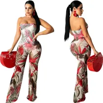 Women Strapless Palm Print High Waist Casual Jumpsuit
