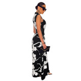 Women Mock-Neck Corset Black Floral Printed Wide Leg Jumpsuit