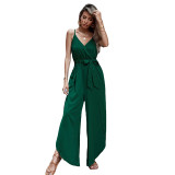 Women Green Sling Sleeveless Plunging Neckline High Waist Slit Leg Jumpsuit