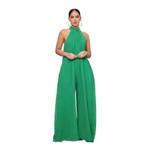 Women Mock-Neck Halter Sleevless Loose Wide Leg Jumpsuit