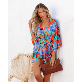 Women Swing Sleeve V-Neck Floral Printed Short Mini Casual Jumpsuit