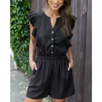 Women Flying Sleeve Black Botton Front Smocked Waist Mini Short Jumpsuit