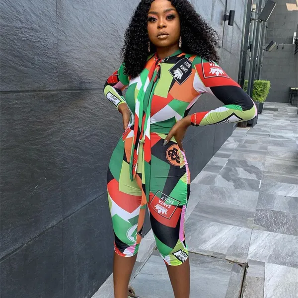 Women Mock-Neck Tie Long Sleeve Green Color Stitching Short Mini Jumpsuit