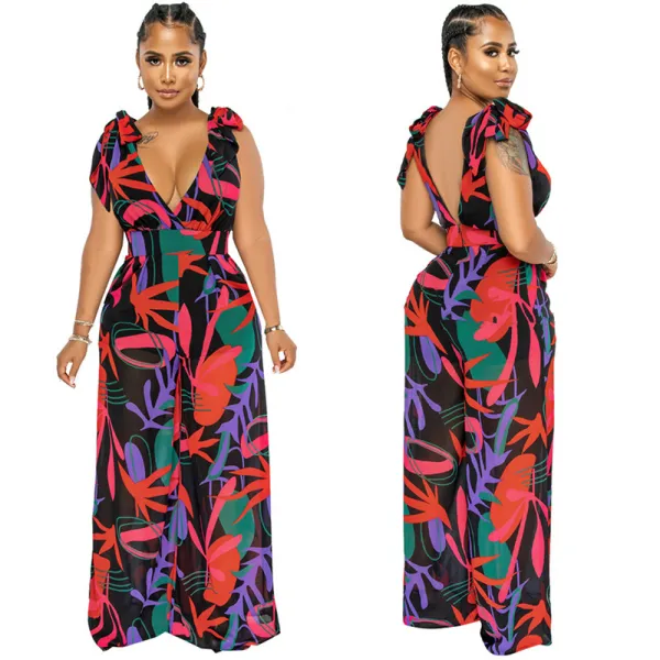Women Sleeveless Plunging Neckline Palm Print Wide Leg Loose Jumpsuit