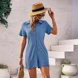 Women Short Sleeve Neckline Button Front Short Jumpsuit