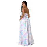 Women Off The Shoulder Strapless Tie Dye Striped Wide Leg Jumpsuit