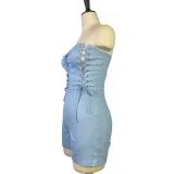 Women Strapless Denim Jeans Strappy Lace Up Mini Short Jumpsuit