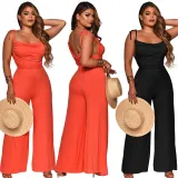 Women Halter Strappy Plunging Neckline Backless Elegant Jumpsuit