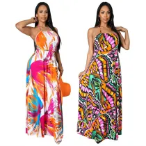 Women Halter Sleeveless Colorful Backless Loose Jumpsuit