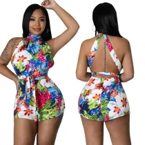 Women Halter Floral Printed Waist Belt Mini Jumpsuit