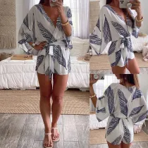 Women Three-Quarter Sleeve Surplice Mini Casual Jumpsuit ith Belt