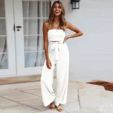 Women Off The Shoulder Solid Color Strapless Wide Leg Jumpsuit