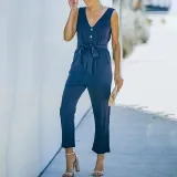 Women Wedgie Sleeveless V-Neck Button Front Belt Casual Jumpsuit
