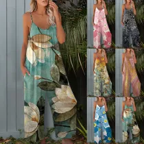 Women Sling Sleeve Apron Floral Printed Loose Casual Jumpsuit