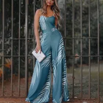 Women Sling Sleeveless Palm Print Culotte Loose Jumpsuit