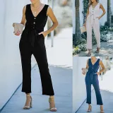 Women Wedgie Sleeveless V-Neck Button Front Belt Casual Jumpsuit