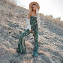 Women Sling Sleeveless Floral Printed Smocked Waist Loose Flares Jumpsuit