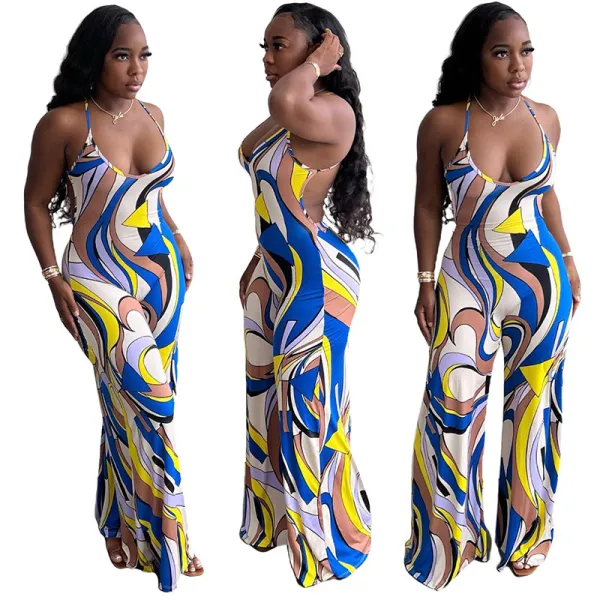 Women Halter Apron Color Stitching Wide Leg Casual Jumpsuit