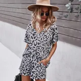 Women Short Sleeve Collared Leopard Print Drawstring Short Jumpsuit