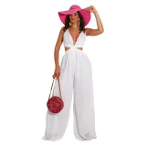Women Halter Sleeveless Backless Cut Out Waist Wide Leg Jumpsuit