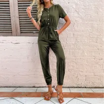 Women Short Sleeve Button Front Smocked Waist Jumpsuit