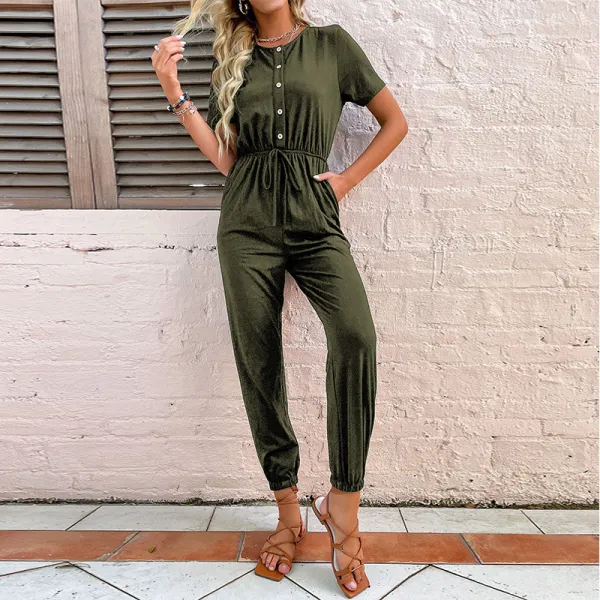 Women Short Sleeve Button Front Smocked Waist Jumpsuit