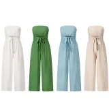 Women Off The Shoulder Solid Color Strapless Wide Leg Jumpsuit