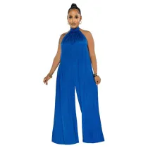 Women Satin Halter Backless Solid Color Culotte Loose Blouson Cover Up Jumpsuit