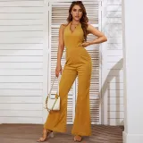 Women Halter Sleeveless Surplice Flares Pants Elegant Formal Yellow Jumpsuit