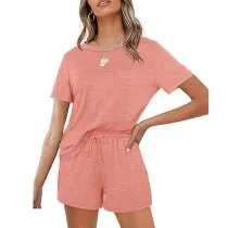 Women Short Sleeve Round-Neck Drawstring Cotton Home Romper