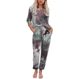 Women Long Sleeve Tie dye Lounge Smocked Waist Jumpsuit