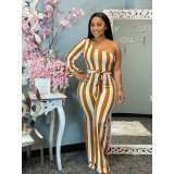 Women One-Shoulder Long Sleeve Striped Straight Pants Casual Jumpsuit