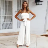 Women Off The Shoulder Solid Color Strapless Wide Leg Jumpsuit