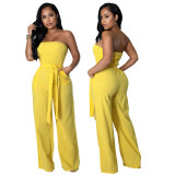 Women Off The Shoulder Strapless Smocked Casual Straight Pants High Waist Jumpsuit