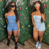 Women Strapless Denim Jeans Strappy Lace Up Mini Short Jumpsuit