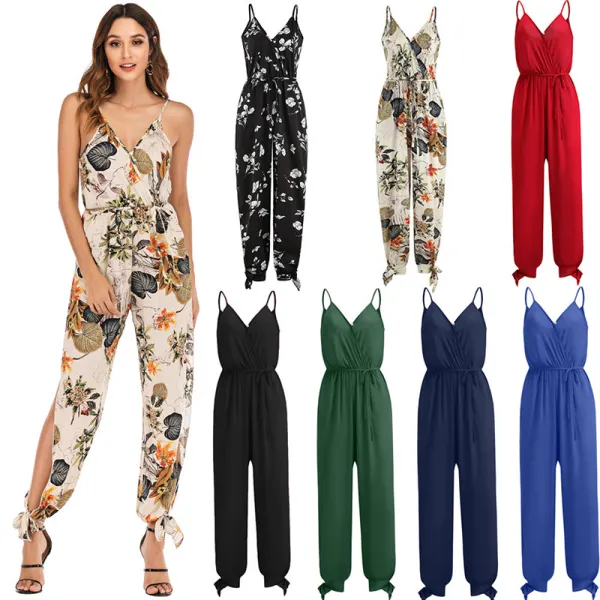Women Sling Sleeveless Plunging Neckline Floral Corset Jumpsuit