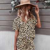 Women Short Sleeve Collared Leopard Print Drawstring Short Jumpsuit
