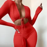 Women Long Sleeve Plunging Neckline Bodycon Jogging Jumpsuit