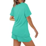 Women Short Sleeve Round-Neck Drawstring Cotton Home Romper