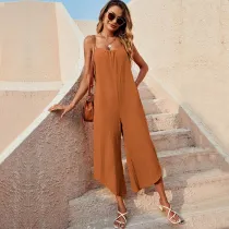 Women Sling Sleeveless Apron Loose Wide Leg Casual Jumpsuit