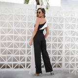 Women One-Shoulder Black White Color Stitching Elegant Jumpsuit