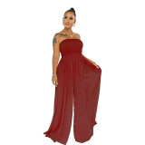 Women Strapless Smocked Culotte Wide Leg Casual Jumpsuit