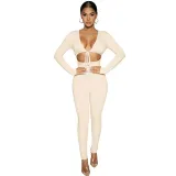 Women Long Sleeve Plunging Neckline Bodycon Jogging Jumpsuit