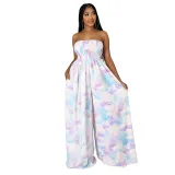 Women Off The Shoulder Strapless Tie Dye Striped Wide Leg Jumpsuit