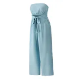 Women Off The Shoulder Solid Color Strapless Wide Leg Jumpsuit