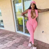 Women Sleeveless Deep V Neck Plunging Neckline Printed Bodycon Jumpsuit