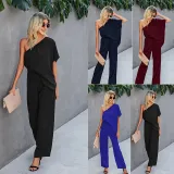 Women One-Shoulder Swing Sleeve Drawstring Fashion Paty Jumpsuit