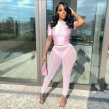 Women Mock-Neck Short Sleeve Mesh See-through Bodycon Party Jumpsuit